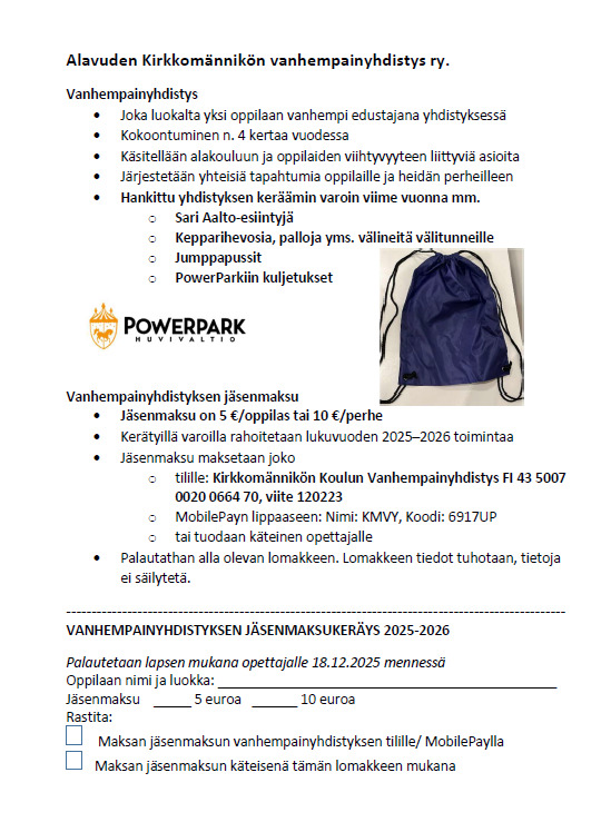 Vanhempainyhdistyksen jäsenmaksukeräys 2025-2026