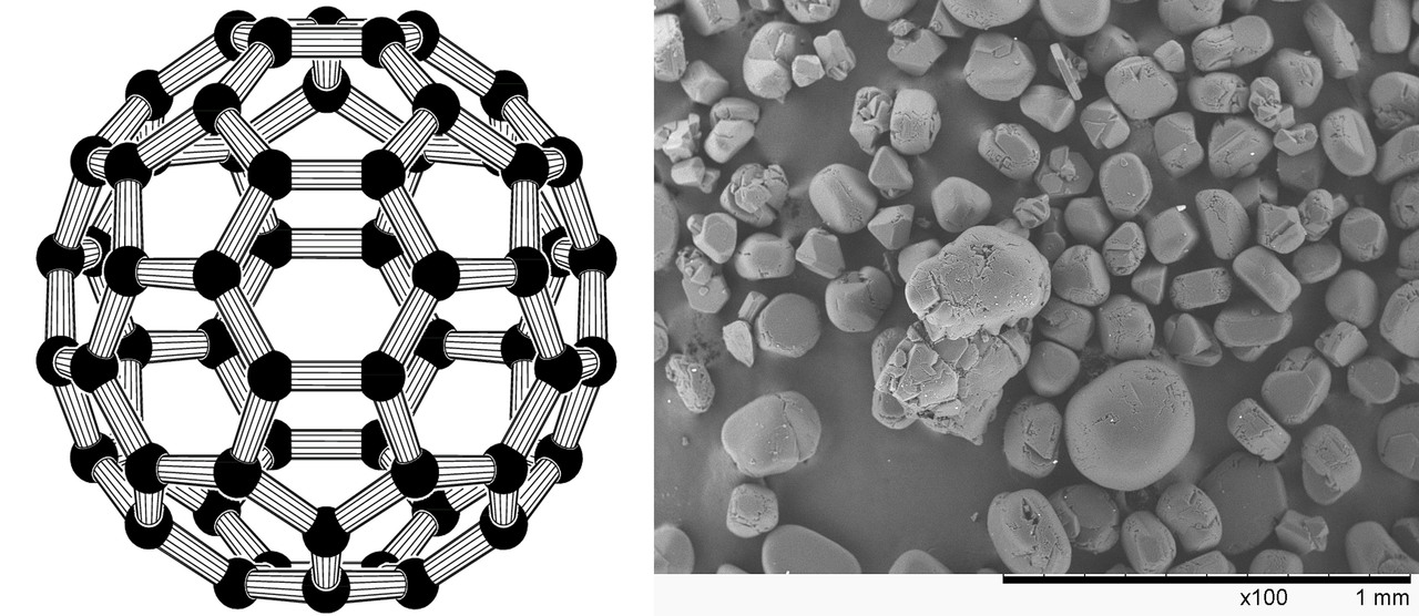 Vasemmalla fullereenimalli ja oikealla kiinteitä fullereenikiteitä eli fulleriittiä. Kuva on otettu elektronimikroskoopilla.