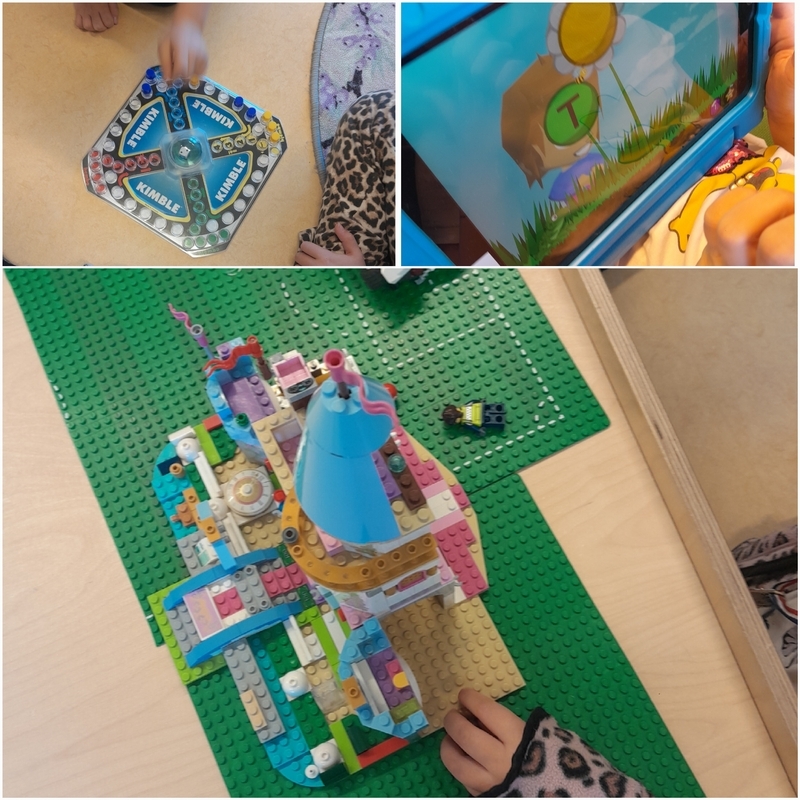 Kollaasi legoleikistä, kimble pelistä ja ekapeli sovelluksesta tabletilla