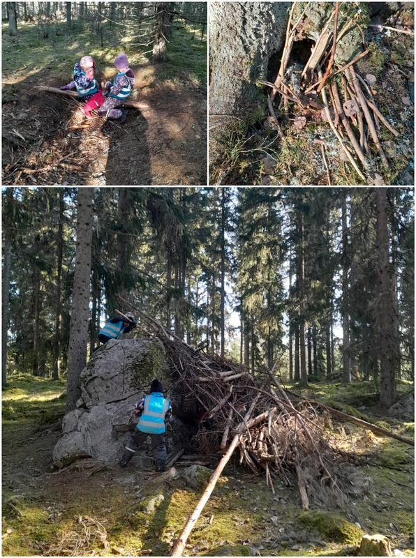 lapset leikkimässä metsässä ja rakentamassa majaa
