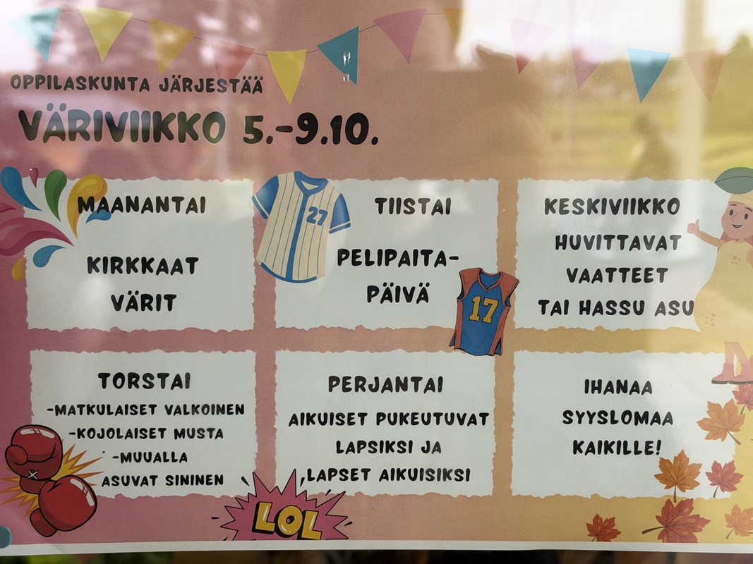 Vietämme koulu-päiväkodissa 5.-9.10. väriviikkoa 🎨 Ohjeet väriviikon pukeutumiseen.