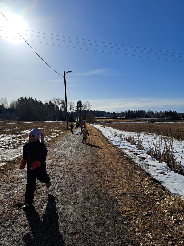 Lapset juoksemassa tiellä katsomaan joutsenia
