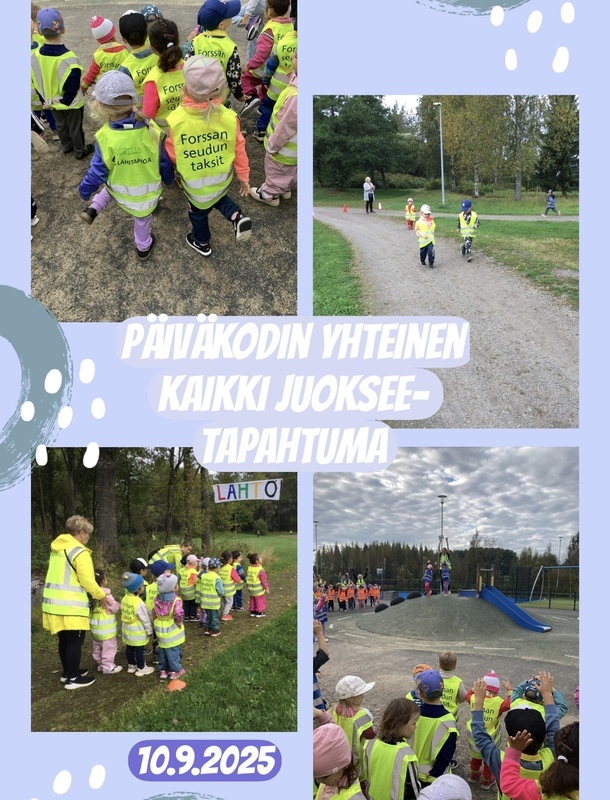 Päiväkodin yhteinen kaikki juoksee- tapahtuma! Lapset juoksevat ja kannustavat muita.