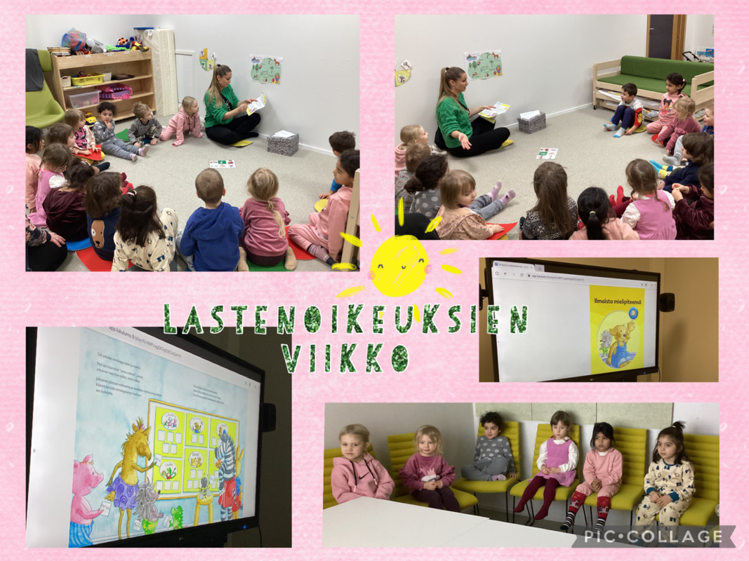 Lastenoikeuksien viikko Lapset kuuntelevat ja katselevat äänikirjaa tv:stä.