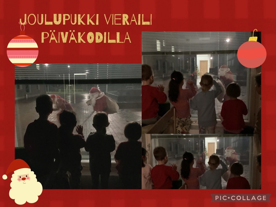 Lapset katsovat ikkunasta ulos vilkuttaen joulupukille.