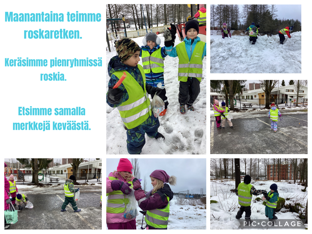 Maanatain retki oli kävelyretki. Kävelimme keräämään roskia päiväkodin ympäristöstä. Roskia keräämässä