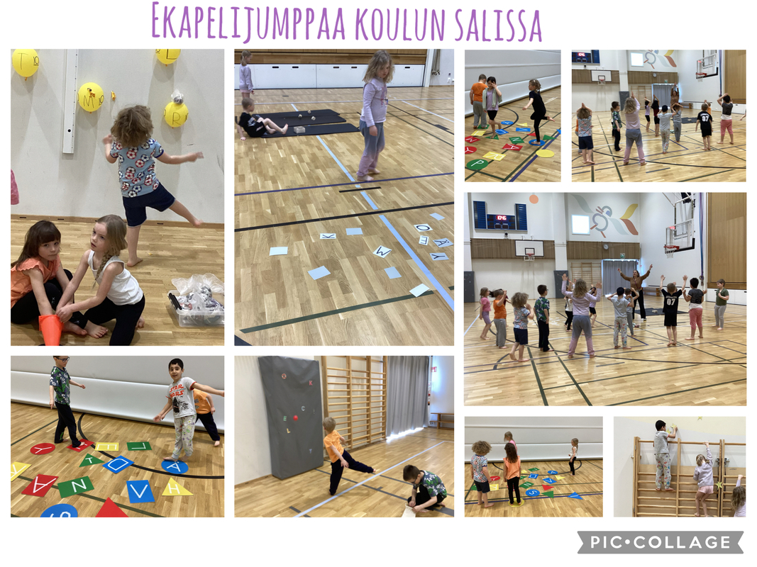 Keskiviikkona eskarit saivat hammashoitajalta ohjeita hampaista huolehtimiseen. Ulkoilun jälkeen mentiin kaikki saliin ekapeli-jumppaan. Lapset jumpalla