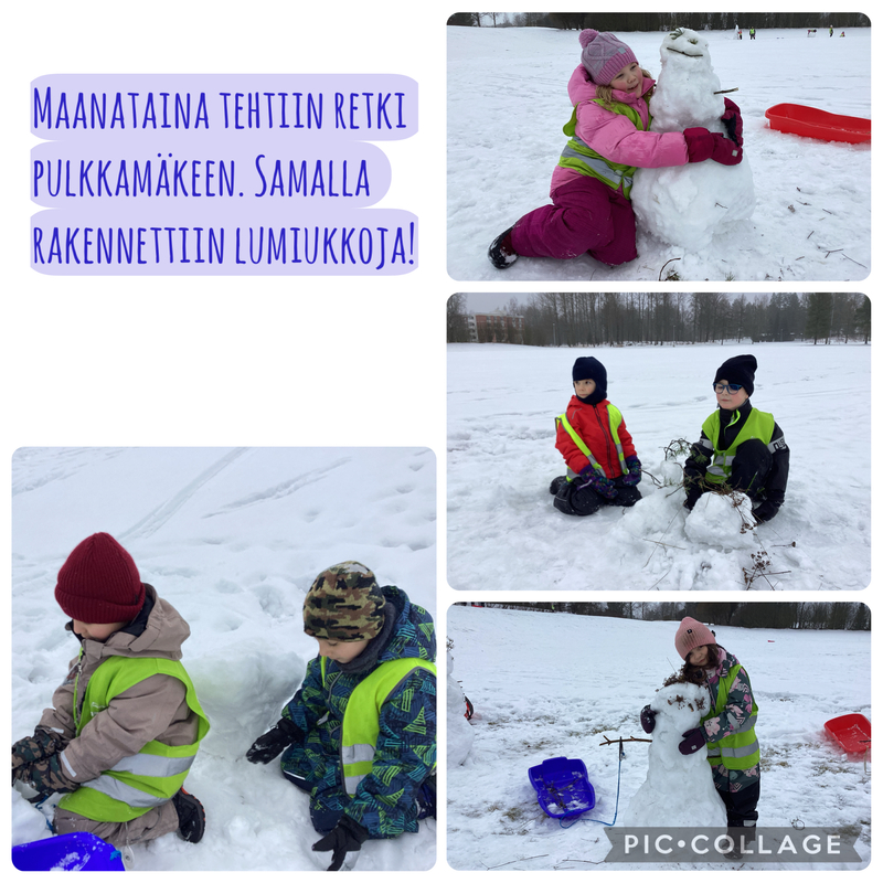 Lumiukkoja rakentamassa