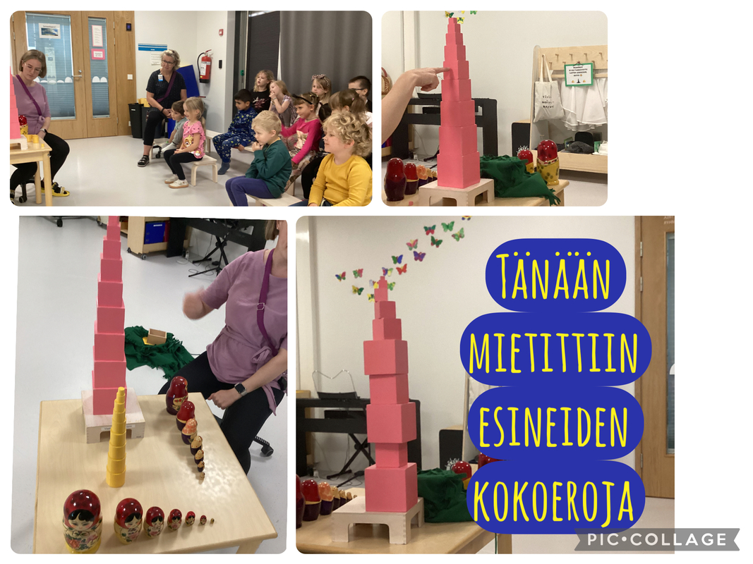 12.8.25 pienryhmien jälkeen tutustuttiin erikokoisiin palikoihin ja lieriöihin, sekä mummoihin. Koon hahmotusta palikoiden avulla.