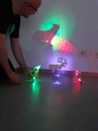 Esineinä poro, susi,eriväriset lasit sekä taskulamput. Seinälle muodostui jopa hieno revontuli.