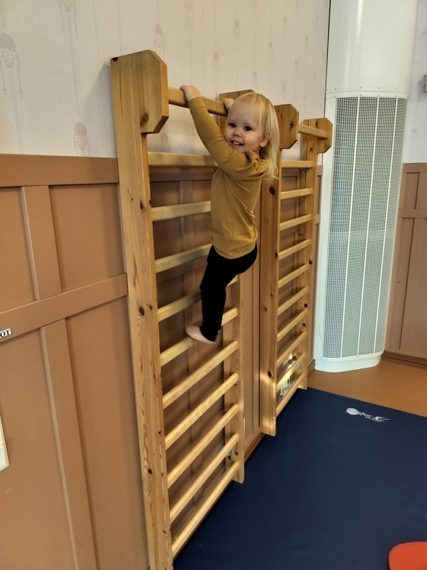 Lapsi kiipeilee puolapuilla.