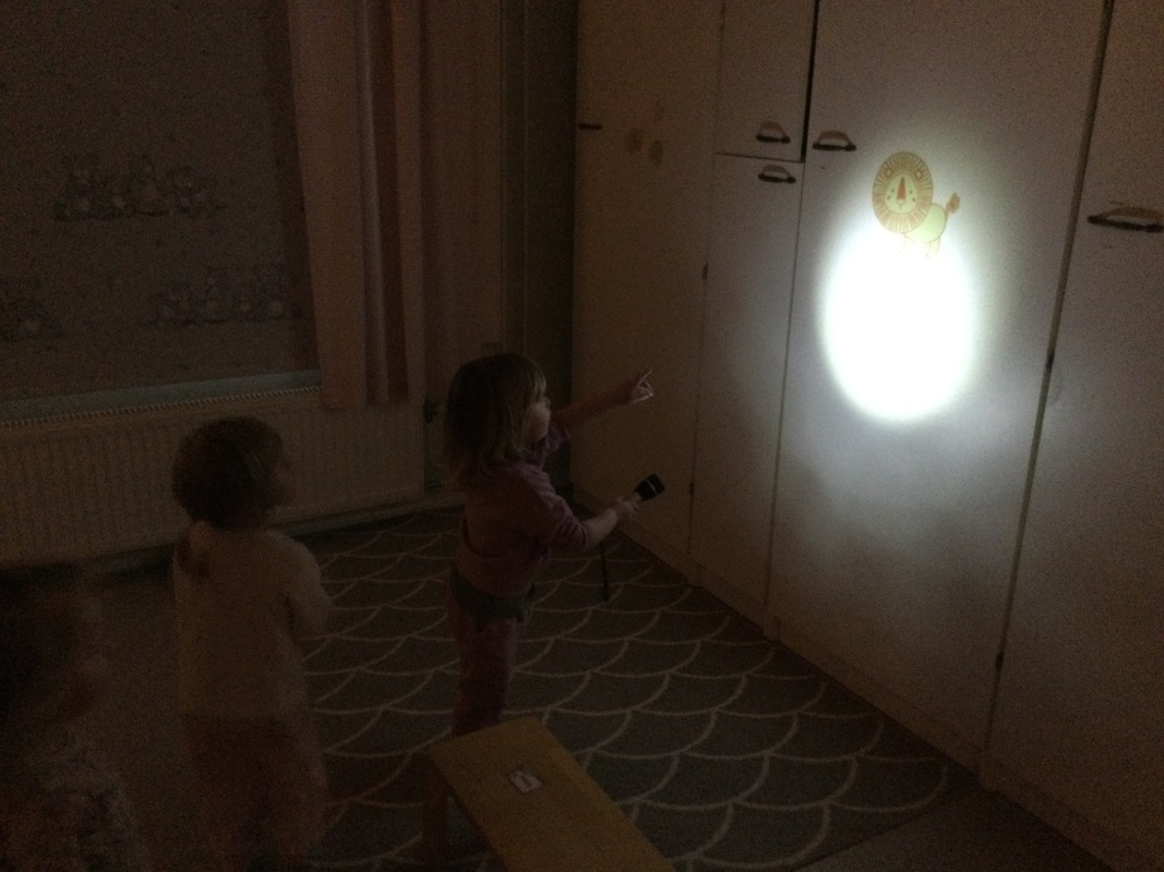 Lapset tutkivat taskulampulla kaapinovia.