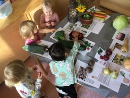 Lapset tutkivat oikeita kasviksia salissa.