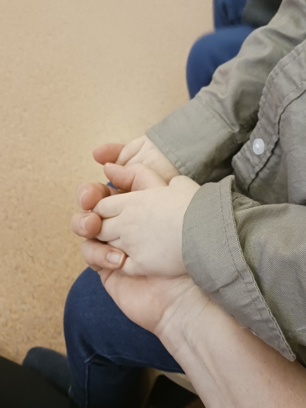 Lapsi pitää aikuisen kädestä kiinni.