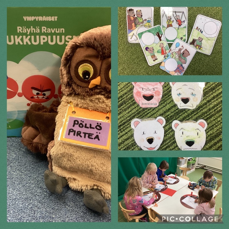 Kuvassa piirrettyjä nalleja, pehmopöllö, lapset piirtävät pöydän ääresssä.