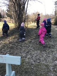 Lapset suunnistavat pensaan luo.