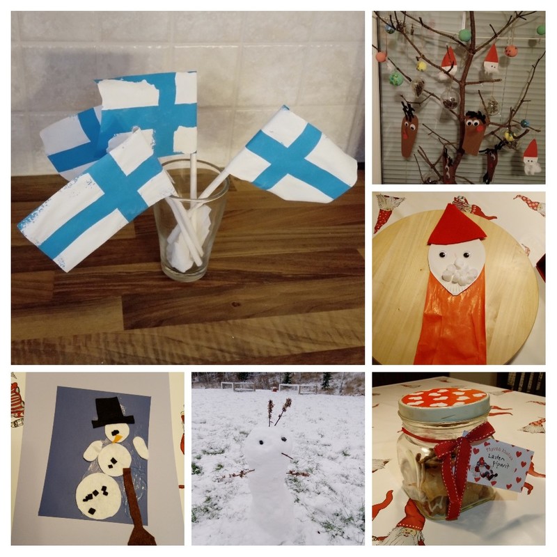 Askartelut; lumiukko Suomen liput, joulutonttu sekä oksista koottu joukukuusi. Lasten leipomia pipareita tölkissä. Pihalla lumiukko
