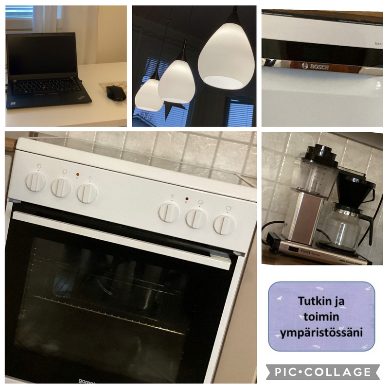 Liesi, kahvinkeitin, kattovalaisin, astianpesukone, läppäri