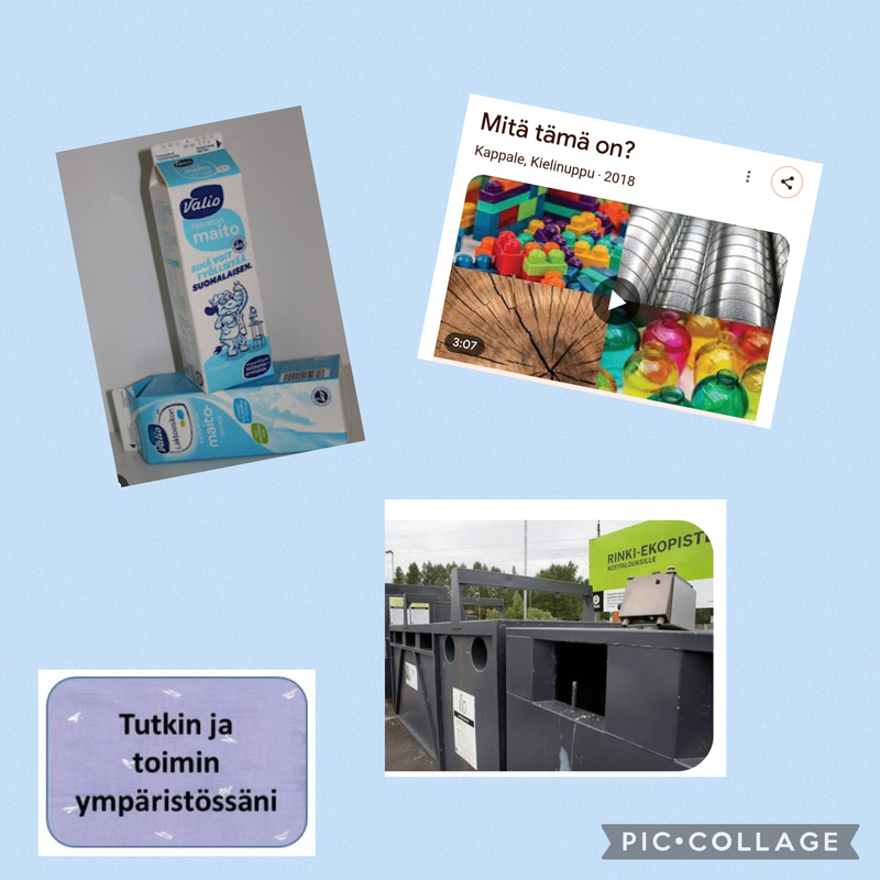 Kierrätyspiste maitopurkit ja "mitä tämä on?"-laulun kuvake