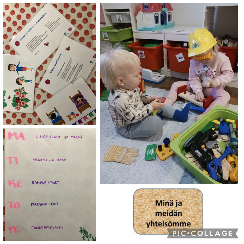 Lasten oikeudet -kortit, lapset leikkimässä ja ruokalista