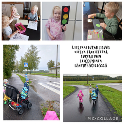 Lapset ylittämässä tietä. Lapset heijastinliiveissä. Lapset askartelemassa.