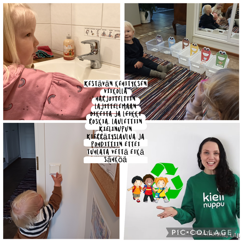 Lapset pelaamassa lajittelupeliä. Sammuttamassa valoja. Sammuttamassa vesihanaa