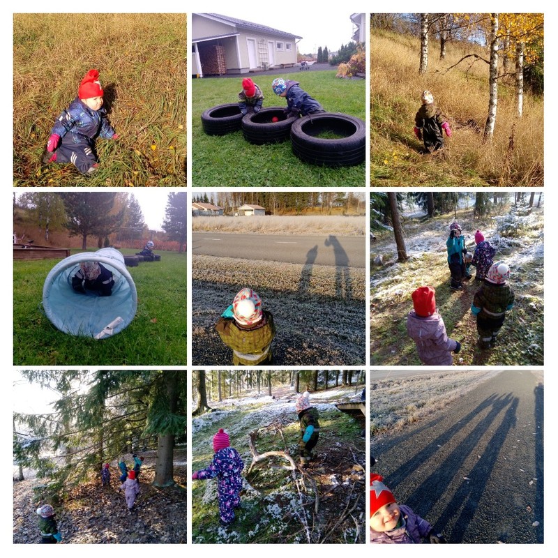 Lapset tekevät varjokuvia puistomatkalla, temppurata kotipihalla, metsäseikkailu