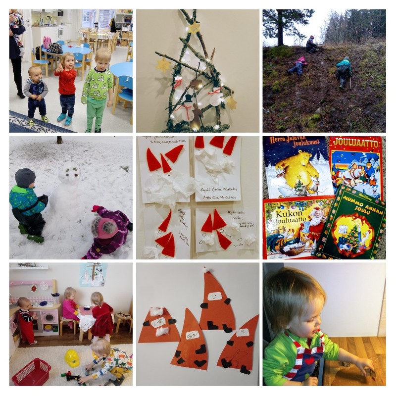 Joulupiparien leipomista, laululeikkejä, jouluisia satukirjoja, tonttu askarteluja, ulkoleikkejä, lumiukko