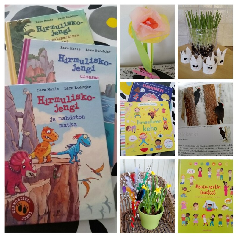 Lasten suosikki kirjoja, rairuohoa sekä pääsiäiskukkia, palokärki.