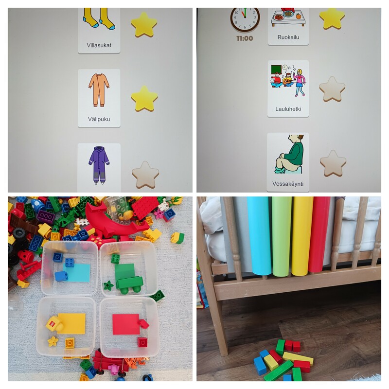 Kuvat päiväjärjestys ja pukeutumisjärjestys sekä värien lajittelu tehtävät