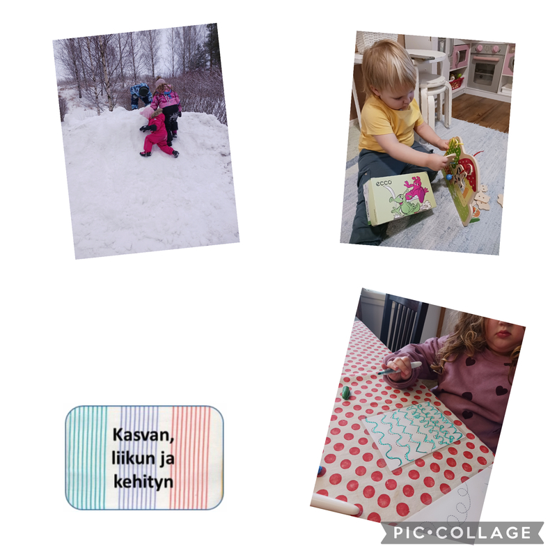 Tammikuulla 2026 Lapset pujottelemassa, kynätehtävissä ja lumikasalla