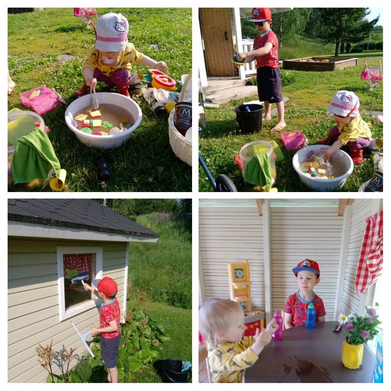 Leikkimökin ikkunoiden ja lelujen pesua