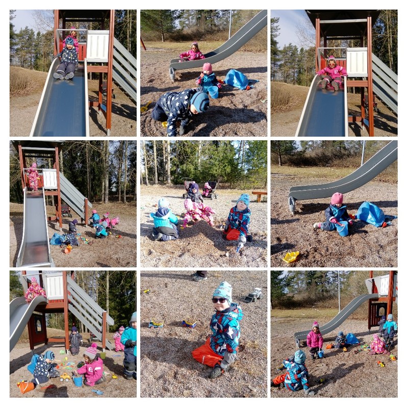 Lapset leikkipuistossa liukumäessä ja hiekkaleikeissä