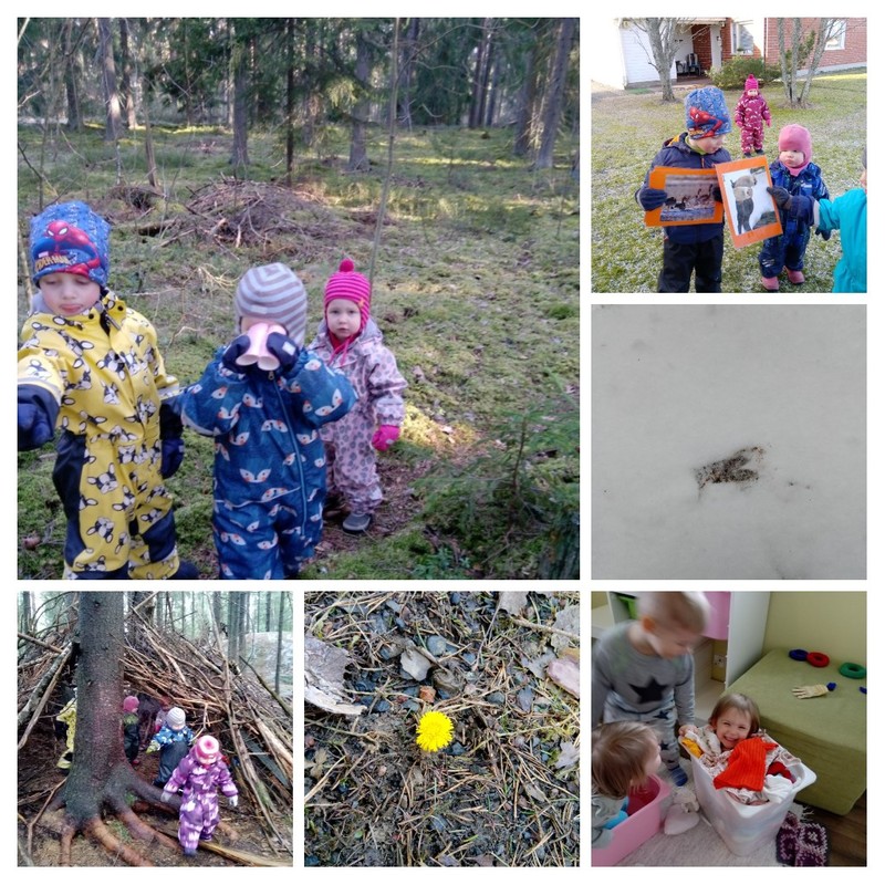 Lapsia metsässä leikkimässä, leskenlehti, peuran jälki lumessa, sisäleikkejä