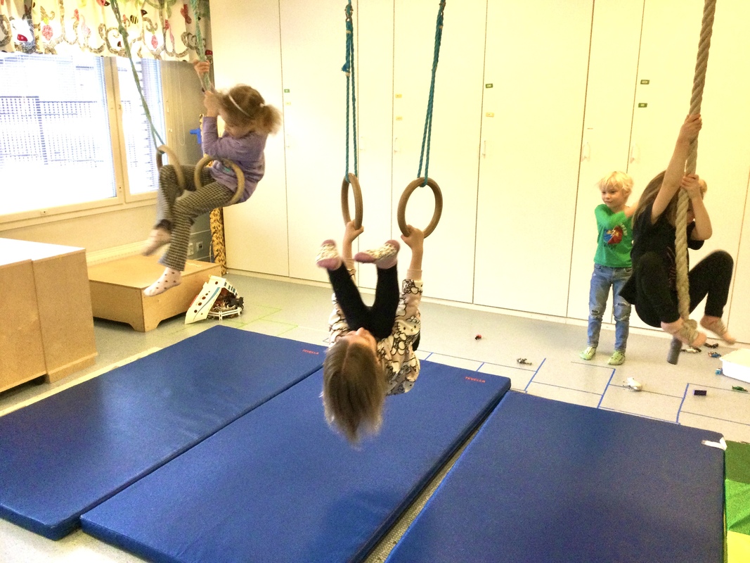 Lapsia roikkumassa liikuntarenkaissa ja -köydessä.