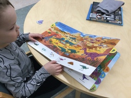 Kuvassa lapsi lukee dinosauruskirjaa.