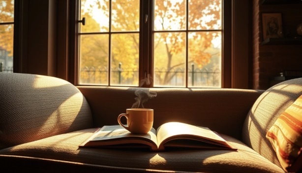 Syksyinen maisema, kirja, kahvikuppi