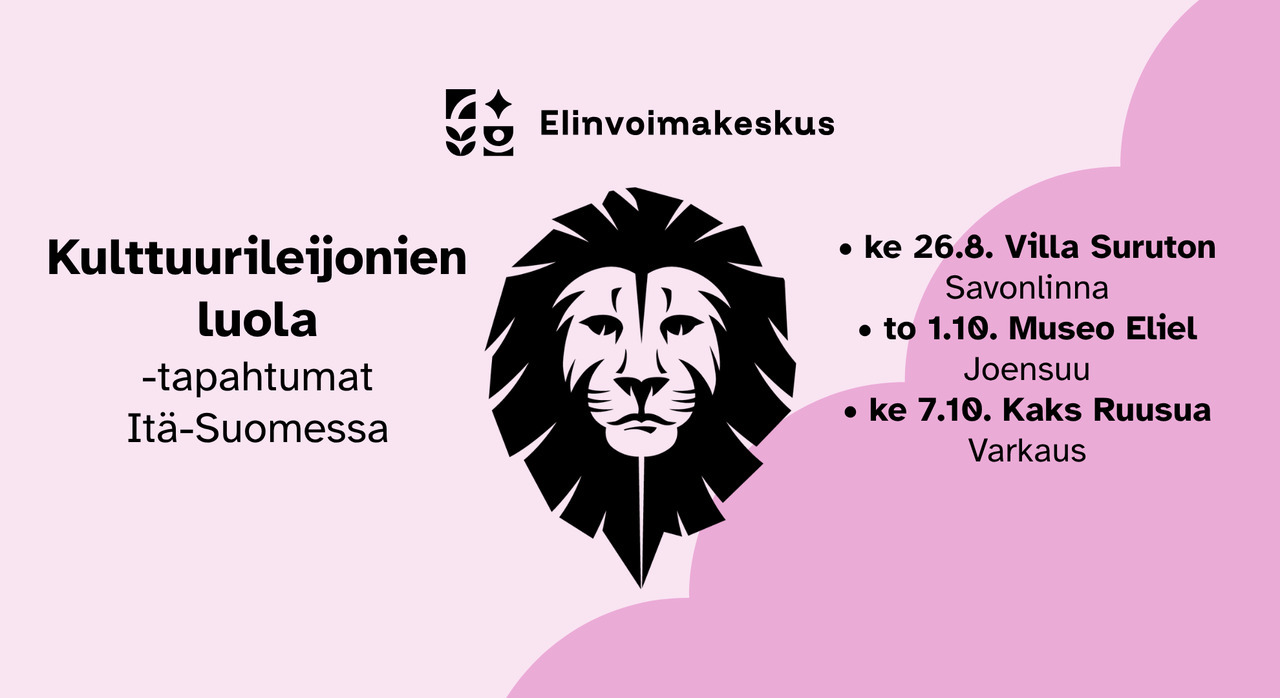 Itä-Suomen kulttuurileijonien luolat 2026 (banneri, vaaka) Tiivis vaakamuotoinen bannerina kutsu Itä-Suomen kulttuurileijonien luoliin 2026.