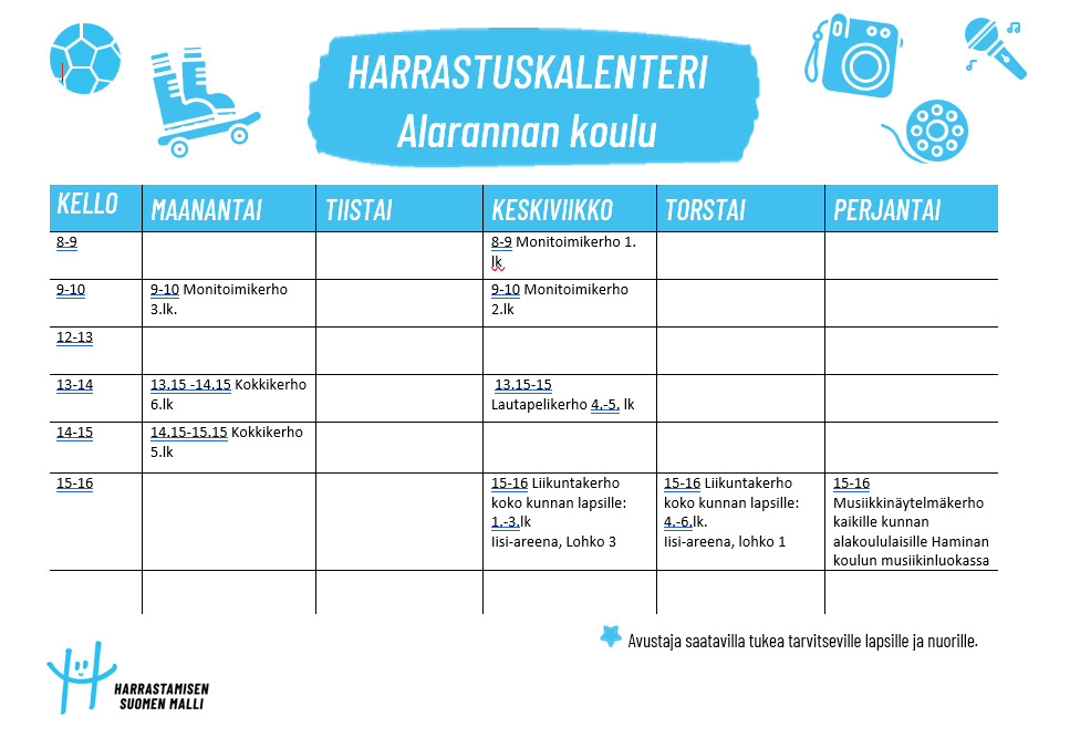 Alarannan kerhot Kuvassa on kerrottu Alarannan koululla järjestettävät Harrastamisen Suomen mallin kerhot lukuvuonna 2026-2027