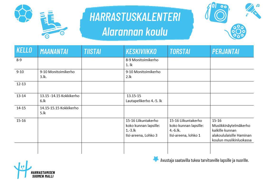 Alarannan kerhot Kuvassa on kerrottu Alarannan koululla järjestettävät Harrastamisen Suomen mallin kerhot lukuvuonna 2026-2027