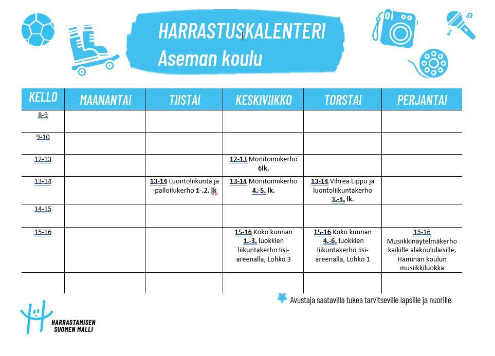 Aseman koulun Harrastamisen Suomen mallin kerhot Kuvassa on kerrottu Aseman koululla järjestettävät Harrastamisen Suomen mallin kerhot lukuvuonna 2026-2027