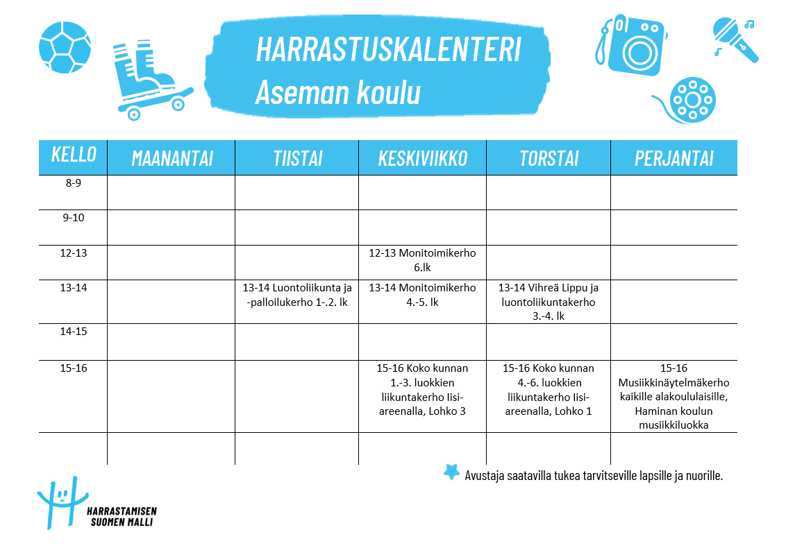 Kuvassa on kerrottu Aseman koululla järjestettävät Harrastamisen Suomen mallin kerhot lukuvuonna 2026-2027