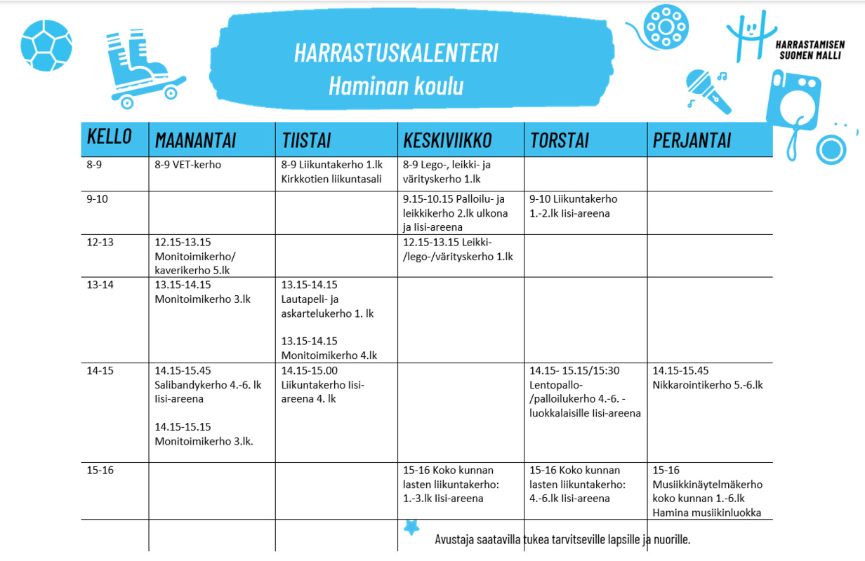 Haminan koulun Harrastamisen Suomen mallin kerhot Kuvassa on kerrottu Haminan koululla järjestettävät Harrastamisen Suomen mallin kerhot lukuvuonna 2026-2027