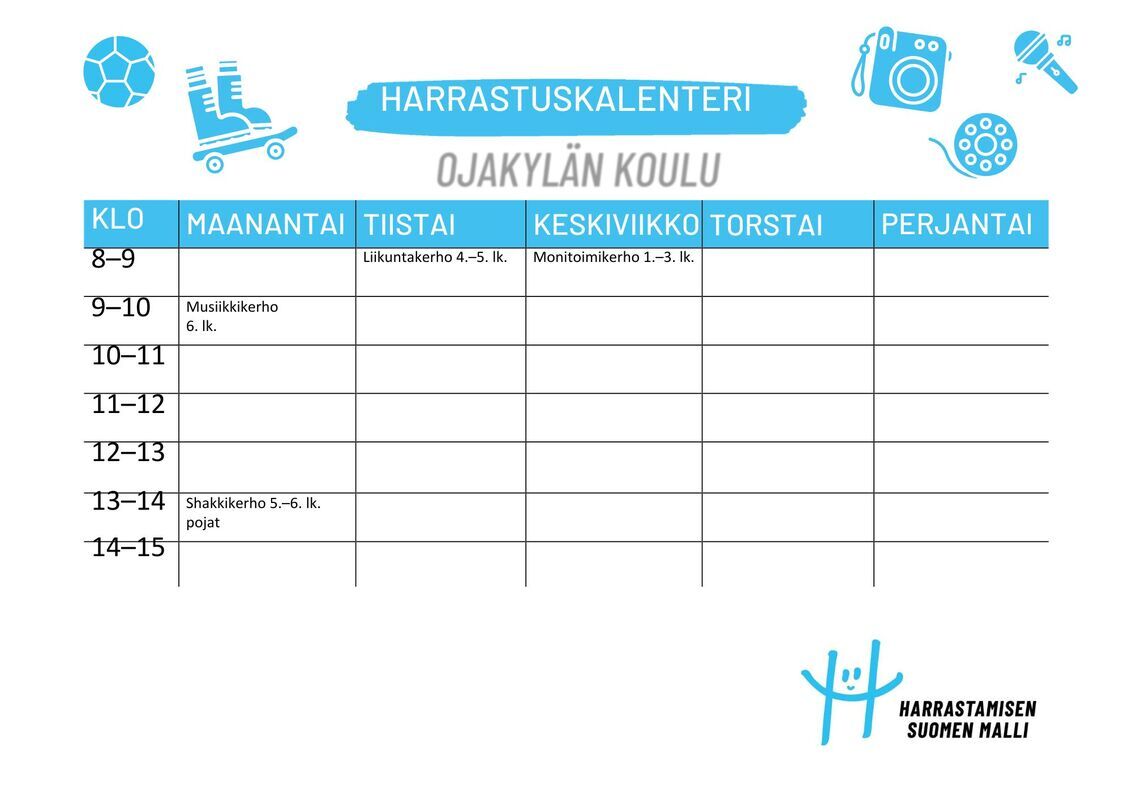 Ojakylän koulun Harrastamisen Suomen mallin kerhot Ojakylän koulun kerhot lukuvuonna 2024-2025