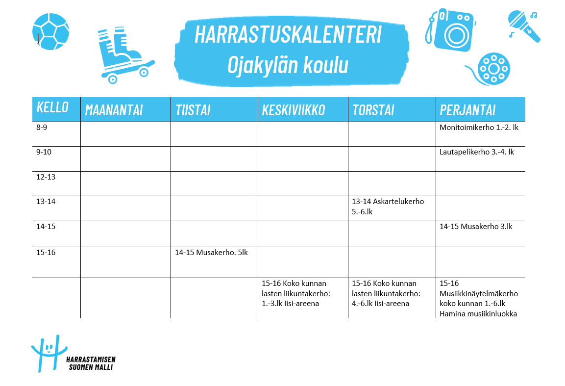Ojakylän koulun kerhot lukuvuonna 2026-2027
