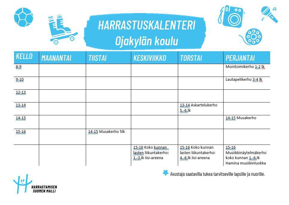 Ojakylän koulun Harrastamisen Suomen mallin kerhot Ojakylän koulun kerhot lukuvuonna 2026-2027