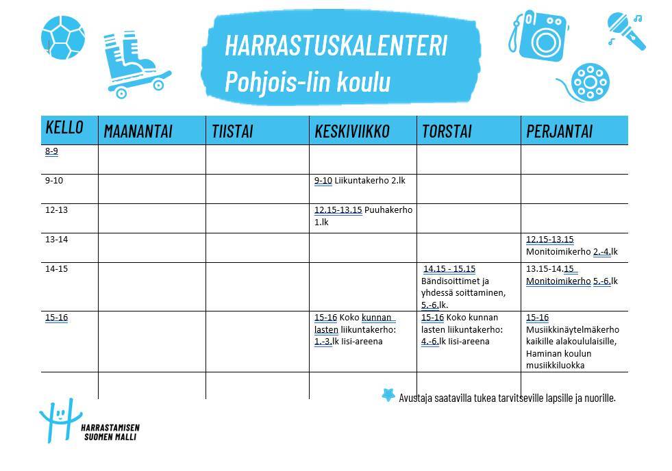 Pohjois-Iin koulun kerhot lukuvuonna 2024-2025