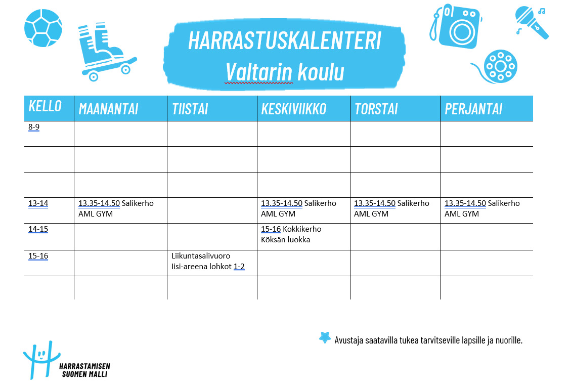 Valtarin koulun Harrastamisen Suomen mallin kerhot Valtarin koulun lukuvuoden 2026-2027 harrastukset