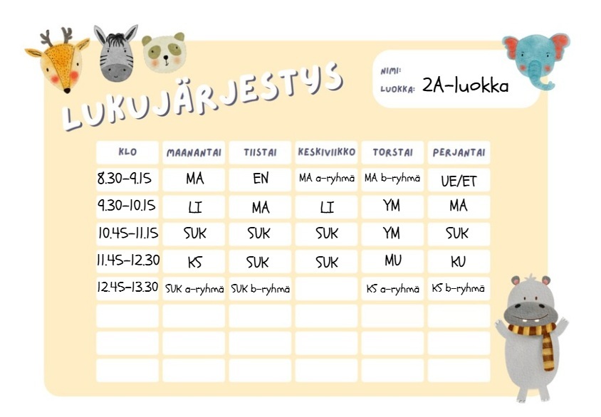 2A-luokan lukujärjestys
