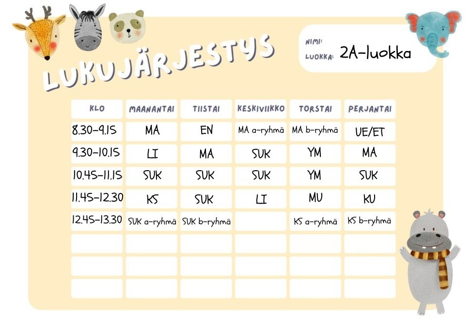 2A-luokan lukujärjestys